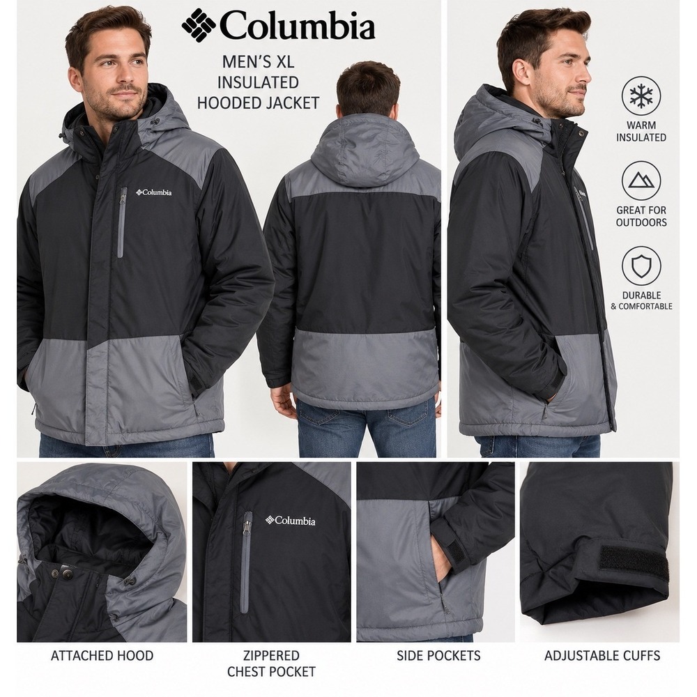 Columbia Mens Insulated Hooded Jacket Black Grey XL RN 69724 CA 05367